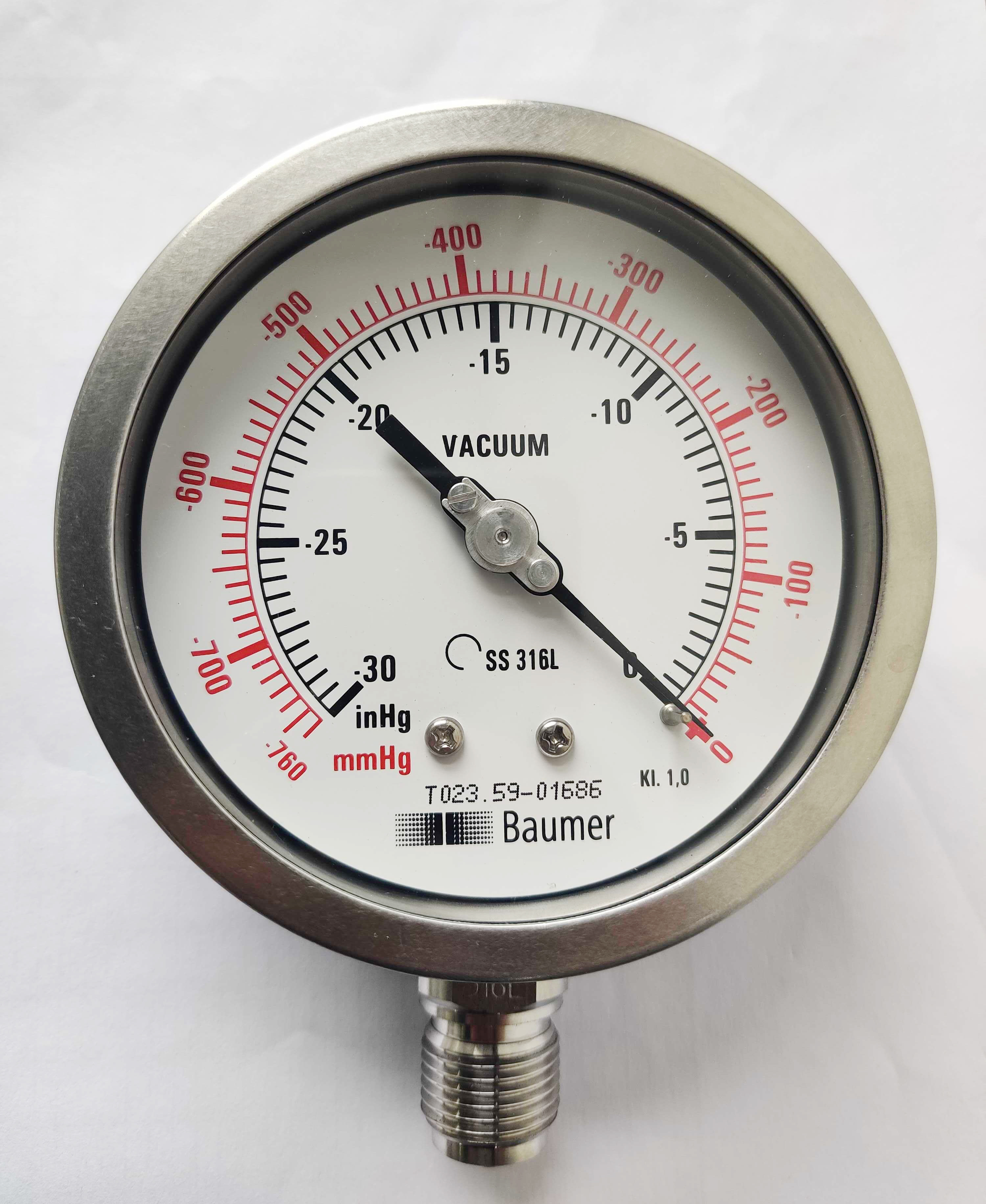 Baumer Industrial Vacuum Gauge, Dial 6″, (-760mmHg to 0 kg/cm2, All SS)